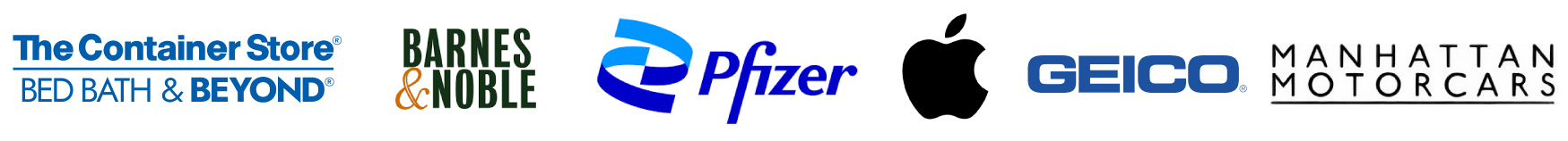 Selected commercial cleaning experience including The Container Store, Bed Bath & Beyond, Barnes & Noble, Pfizer, Apple, GEICO, and Manhattan Motorcars